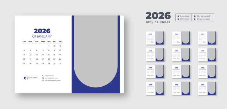 2026 desk calendar template | Editable vector planner with Sunday start | Clean printable layout for corporate or office use