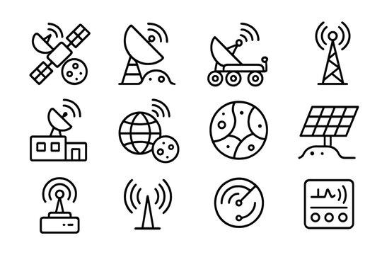 Lunar Tech Icons. Outline icon set of lunar communication technology: Moon relay satellite, surface antenna,