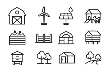 Eco-Friendly Farm Icons. Outline icon set of eco-friendly farm infrastructure: barn, wind turbine, solar panel
