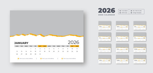 2026 desk calendar design template | Week starts on Monday | 12-month planner for work or study | Printable, editable vector layout for office use