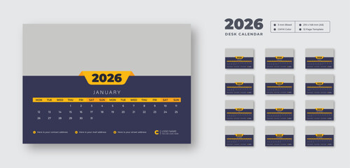 2026 desk calendar design template | Week starts on Monday | 12-month planner for work or study | Printable, editable vector layout for office use