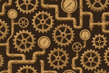 Fototapeta premium Intricate arrangement of gears and pipes creating a steam punk aesthetic with pressure gauges
