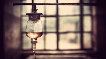 Vintage medical infusion drip suspended in an industrial environment