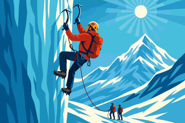Mountain climber scaling ice wall with team in background on sunny day in snowy landscape