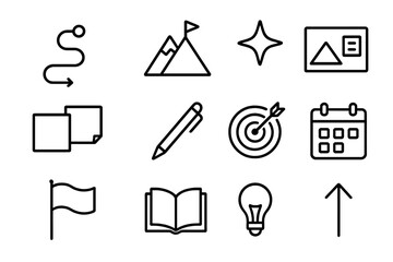 Dream Mapping Icons. Outline icon set of dream mapping: path icon, mountain peak, star, vision board, sticky