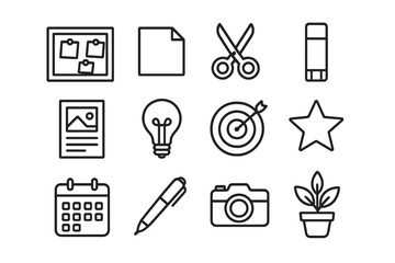 Vision Board Icons. Outline icon set of vision board workshop: cork board, sticky notes, scissors, glue stick,