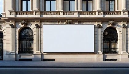 Blank billboard on building facade with windows and architectural details.