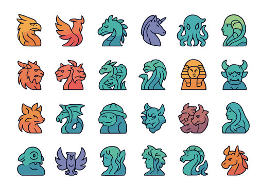 Colorful fantasy creatures and mythical beings displayed in various styles and designs with distinct details and shades
