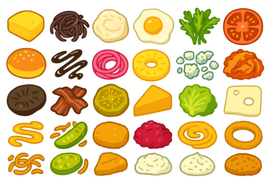 Variety of colorful food items displayed together on a bright background for a vibrant meal setting