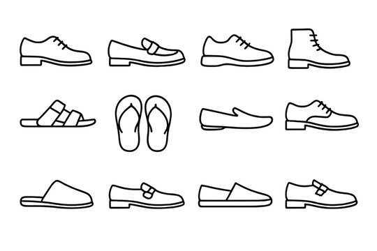 Men's Footwear Icons. Outline icon set of men&rsquo;s footwear styles: dress shoes, loafers, sneakers, boots,
