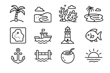 Tropical Diving Icons. Outline icon set of tropical diving locations: palm tree, sandy beach, coral reef,