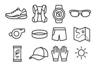 Trail Running Essentials. Outline icon set of trail running: running shoes, hydration pack, GPS watch,