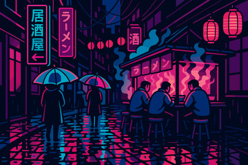 Nighttime street scene with diners and neon signs in an Asian city