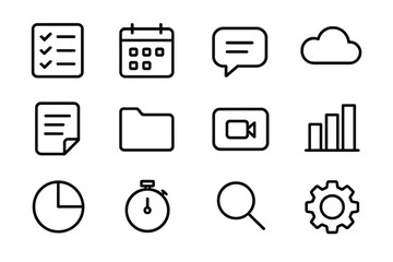 Nomad Productivity Icons. Outline icon set of productivity apps for nomads: task list, calendar, chat icon,