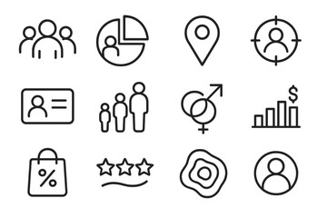 Customer Segmentation Icons. Outline icon set of customer segmentation: group icon, demographic chart, map pin