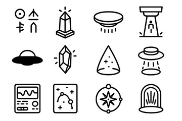 Alien Tech Icons. Outline icon set of alien teleportation tech: alien glyphs, glowing obelisk, levitating