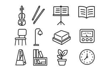 Music Practice Icon Set. Outline icon set of home music practice corner: violin, bow, music stand, sheet music