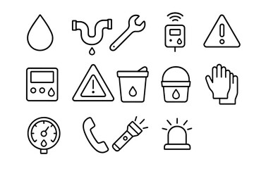 Leak Detection Icons. Outline icon set of leak detection services: water drop, pipe, wrench, leak sensor,