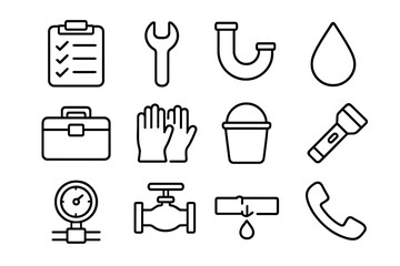 Plumbing Inspection Icons. Outline icon set of plumbing inspection checklist: checklist, wrench, pipe, water