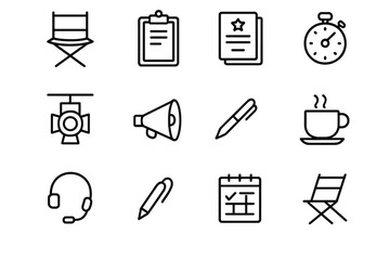 Theater Director Icons. Outline icon set of theater director giving notes: director’s chair, clipboard, script