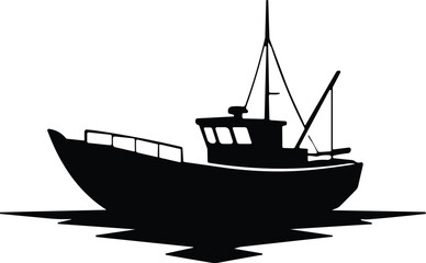 Fototapeta premium Fishing boat silhouette illustration, black ship graphic, sea vessel artwork, nautical design, ocean transportation, maritime vector art