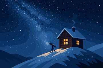 Naklejka premium Starry night sky over a cozy cabin with a telescope in the mountains
