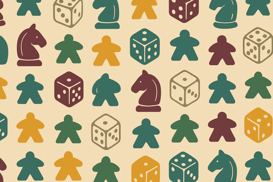 Colorful pattern of board game pieces and dice created for tabletop gaming enthusiasts and designers