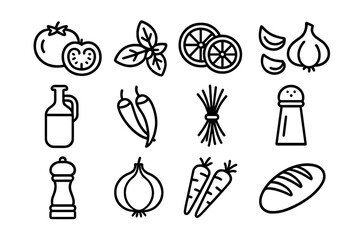 Fresh Ingredients Icons. Outline icon set of fresh ingredients: tomatoes, basil leaves, lemon slices, garlic
