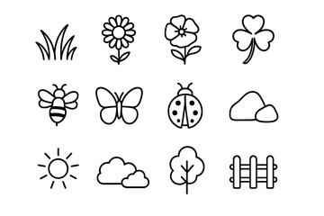Obraz premium Wildflower Meadow Icons. Outline icon set of wildflower meadow: grass, daisies, poppies, clovers, bees,