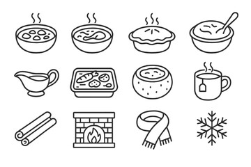 Winter Comfort Foods Icons. Outline icon set of winter warming dishes: beef stew, chicken soup, pot pie,