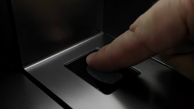 Activating button by pressing, finger touches dark button on metal surface. Activating with finger emphasizes technological function, and activating is an action done with intention.