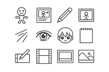 Animation Icon Set. Outline icon set of animation culture: cartoon character, storyboard, pencil, animation