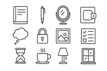 Self-Reflection Icon Set. Outline icon set of self-reflection tools: journal, pen, mirror, magnifying glass,