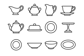Porcelain Serving Icon Set. Outline icon set of porcelain serving sets: gravy boat, sugar bowl, creamer,
