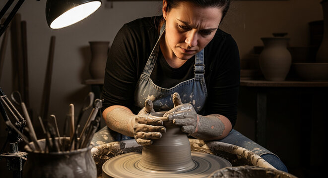 Creative Female Potter Concentrated While Shaping Clay on Wheel
A female artisan is deeply concentrated on shaping a piece of clay into a vessel on a spinning potter's wheel in a dimly lit studio