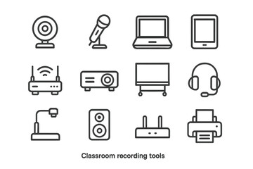 Classroom Tools Icons. Outline icon set of classroom recording tools: webcam, microphone, laptop, tablet,