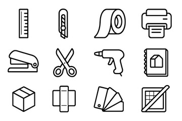 Packaging Tools Icons. Outline icon set of packaging design tools: ruler, cutter knife, adhesive tape, label