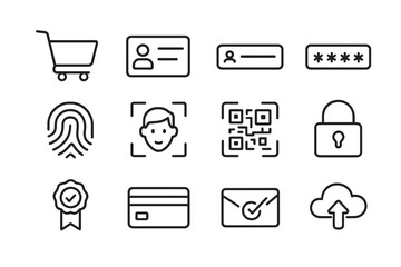 E-commerce Security Icons. Outline icon set of e-commerce identity security: shopping cart, ID card, username,