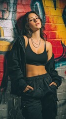 Beautiful woman with confident gaze in trendy urban outfit leaning against graffiti wall vibrant city atmosphere bold and modern