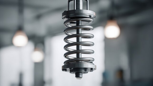 Close up of metal spring component suspended in well lit workshop environment