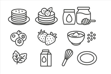 Healthy Pancake Icons. Outline icon set of healthy pancake variations: oat pancake, banana pancake, almond