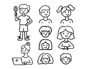 Kids characters set, boy with magnifier, girl at desk and with laptop, line art outline contour, monochrome, hand drawn