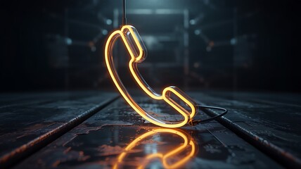 Neon Phone Icon Reflected on Wet Industrial Floor