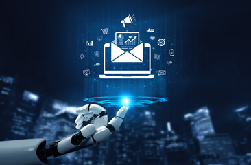 An AI assistant launches a digital marketing campaign from an intelligent platform. The system sends targeted emails containing analytics to drive advertising and e-commerce growth. Fermion