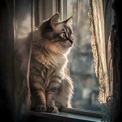 Elegance and Serenity: A Ct's Contemplative Morning y the Window