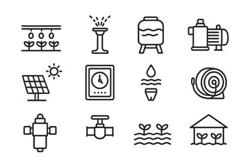 Sustainable Irrigation Icons. Outline icon set of sustainable irrigation systems: drip line, sprinkler head,
