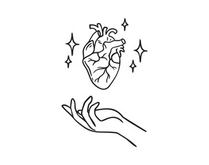 Hand holding an anatomical human heart, monochrome line art hand drawn style
