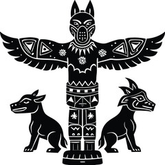 Black and white wolf and cat tribal tattoo illustration