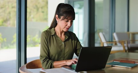 Business woman, laptop and remote work with idea, real estate opportunity or listing services online. Mature realtor, computer and document for website, home post or property consulting project