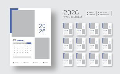 2026 monthly wall calendar design  | Week starts on Monday | Editable 12-page vector template | Clean wall planner for home or office